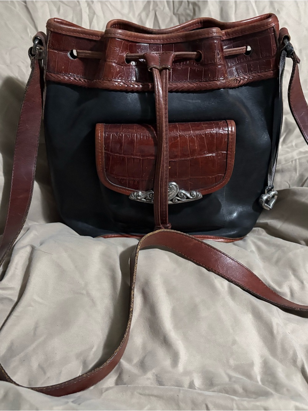 Brighton Black and Brown Leather Drawstring Shoulder Bag with Front Pocket